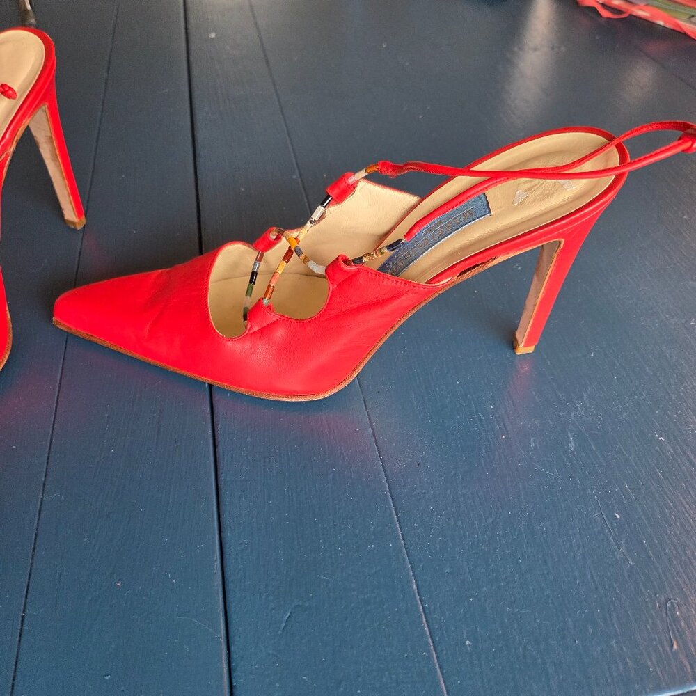 Red-orange beaded Italian leather Mario Valentino pointy toe pumps